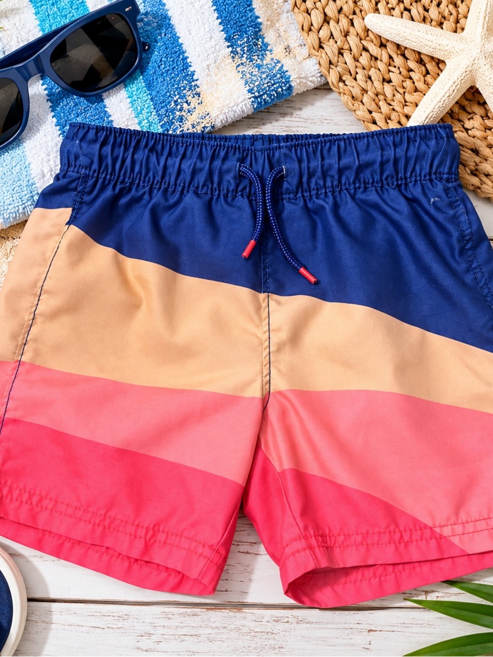 Old Navy Boys 3T Colorblock Swim Trunks Pink Orange Navy Drawstring